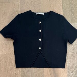 Zara Navy Cropped Button-Front Sweater